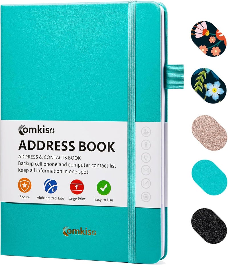 COMKISO Store Address Book with Individual Alphabetical Tabs Laminated, Large Print Address Book with 468 Wide Lining Entry Spaces, Change of Address Labels, Hardcover Address Book 5.7 x 8.5" - Aquamarine - Image 1